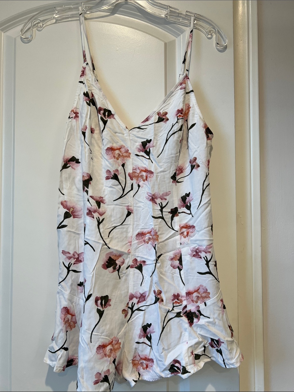 Forever 21 White Floral Spaghetti Strap Romper with Pink Blooms